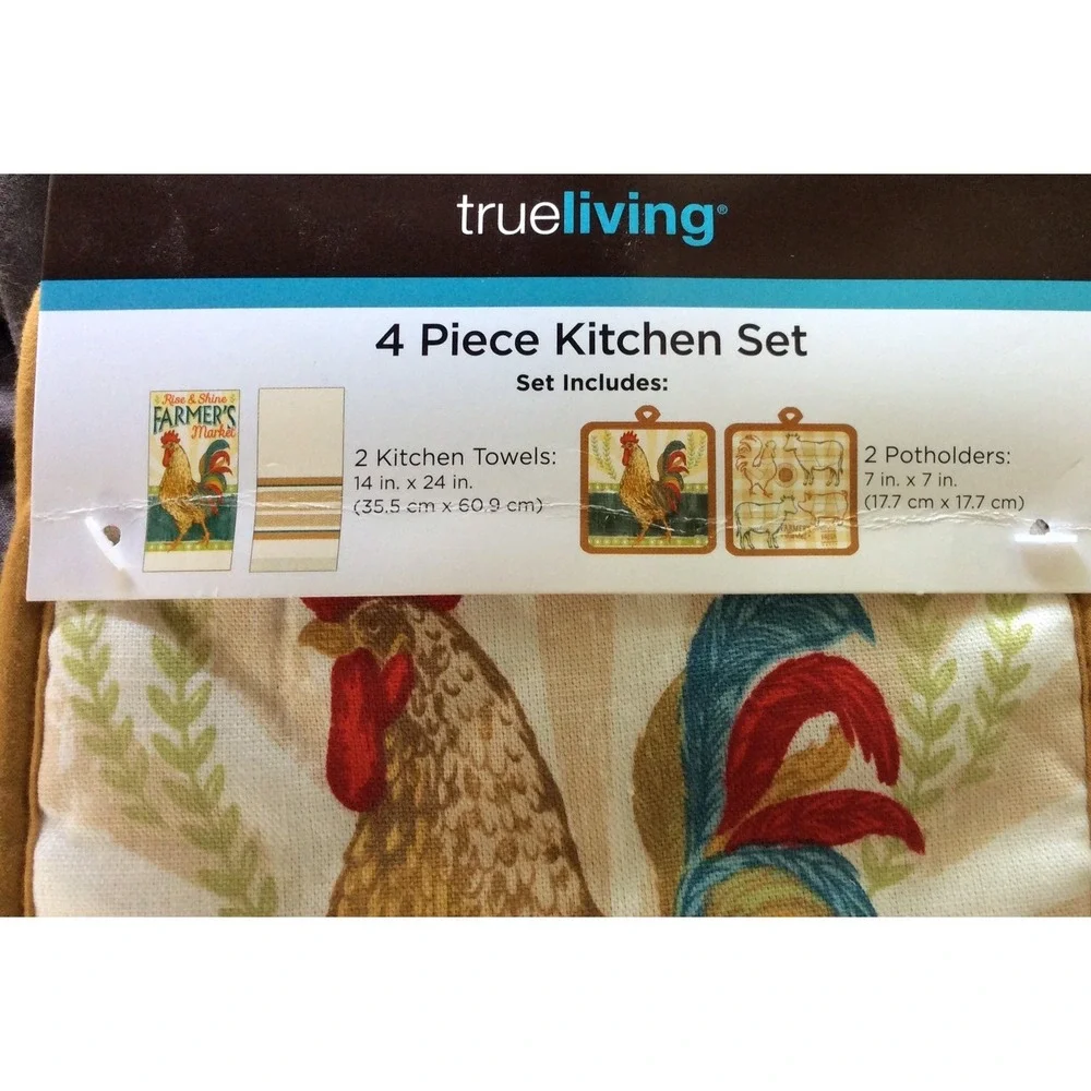 4 Piece Rooster Chicken‎ Pig Cow Set Kitchen Dish Hand Towel Pot Holder NEW
